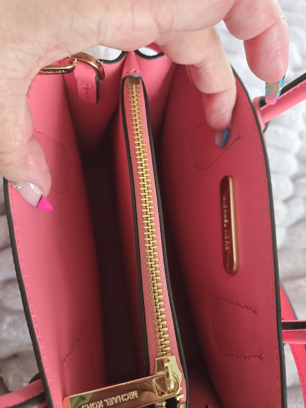 Michael Kors Coral Pink Saffiano Satchel with Gold MK Charm